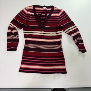 Burgundy Pink Striped Ribbed Sweater Dress Lace Up Neck Long Sleeve Bodycon Y2K